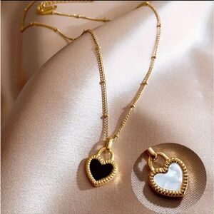 18K Gold Plated Black & White Doublesided Heart Pendant  Necklace